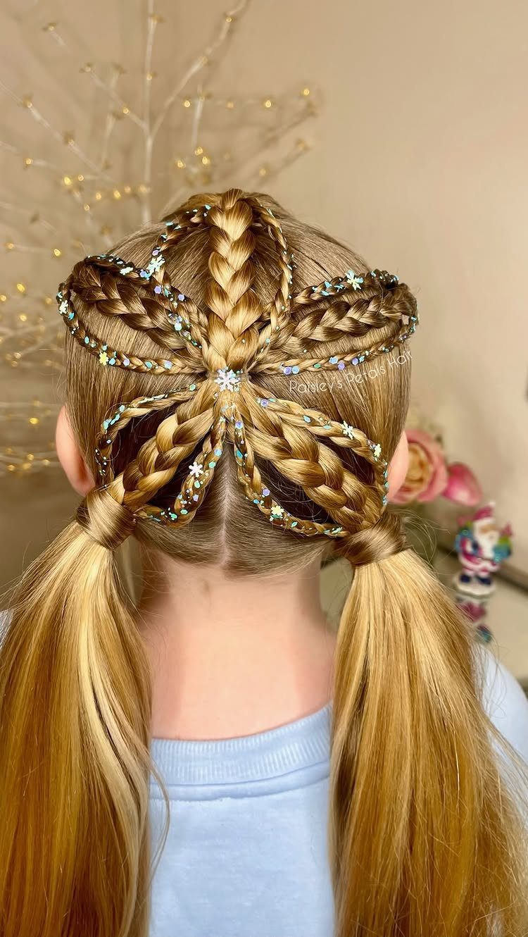 Blonde child's hair styled in a braided flower pattern with glittery star accessories.