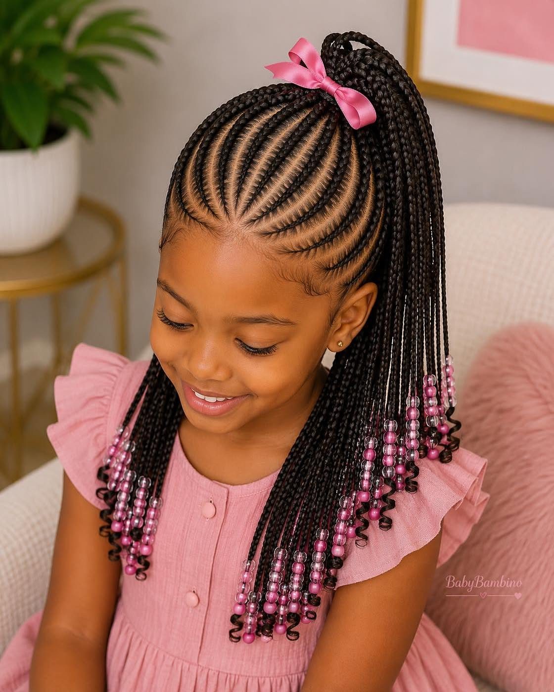 Young girl with cornrow braids in a high ponytail with pink beads