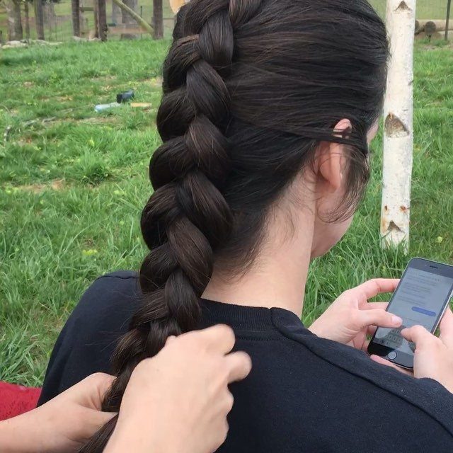 Dark brown hair styled in a thick, raised Dutch braid outdoors.