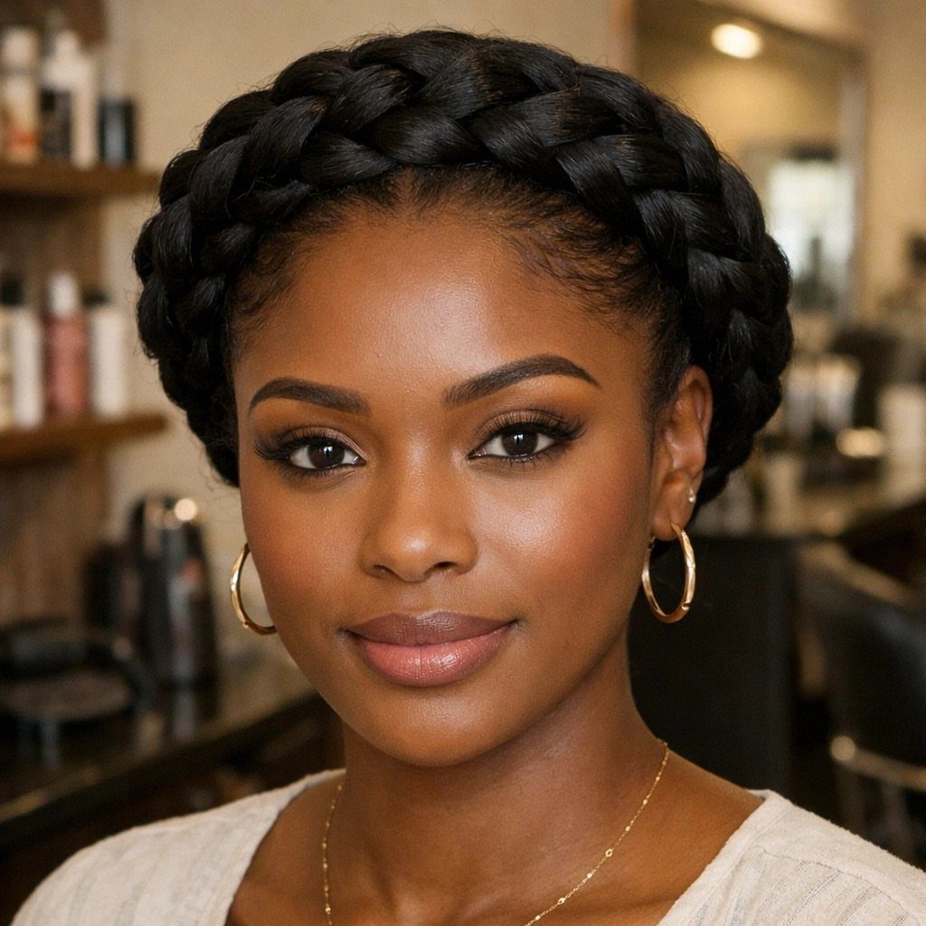 Woman with a thick black halo braid crown and gold hoop earrings.