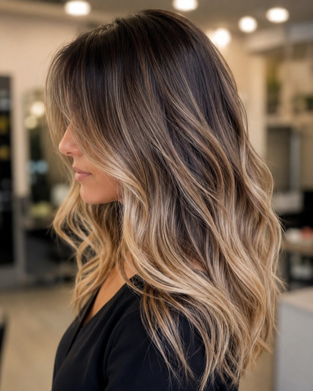 Woman with long wavy dark brown hair and honey-blonde balayage highlights in profile.