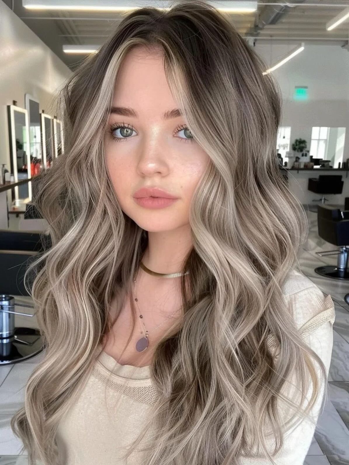 Woman with long wavy hair featuring dark brown roots and mushroom blonde highlights.