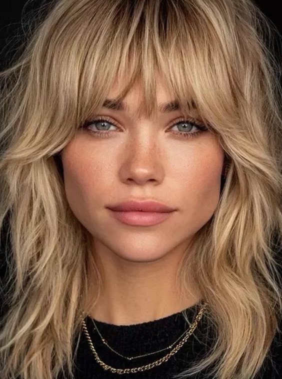 Woman with blonde medium length choppy shag haircut and full bangs
