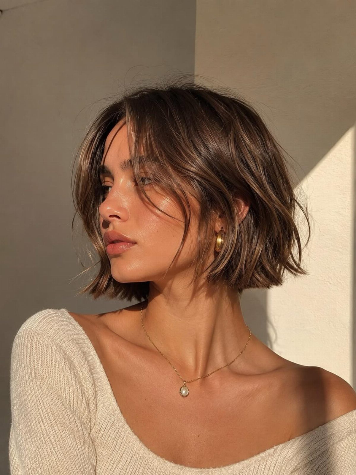 Woman with a curled modern shag haircut, brown layered hair, and gold jewelry.