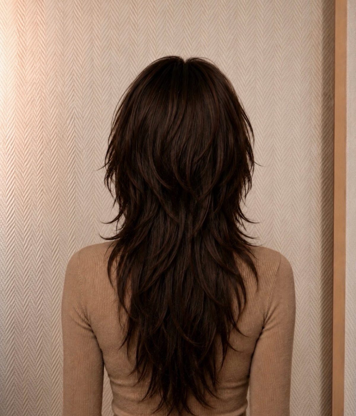 Dark brown layered wolf shag haircut with volume at the crown, back view.