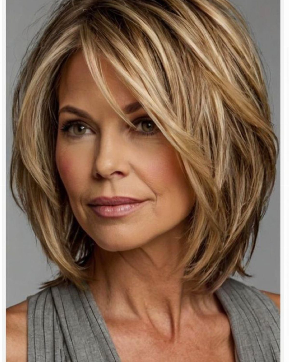 Middle-aged woman with a blonde layered bob haircut and chunky golden highlights.